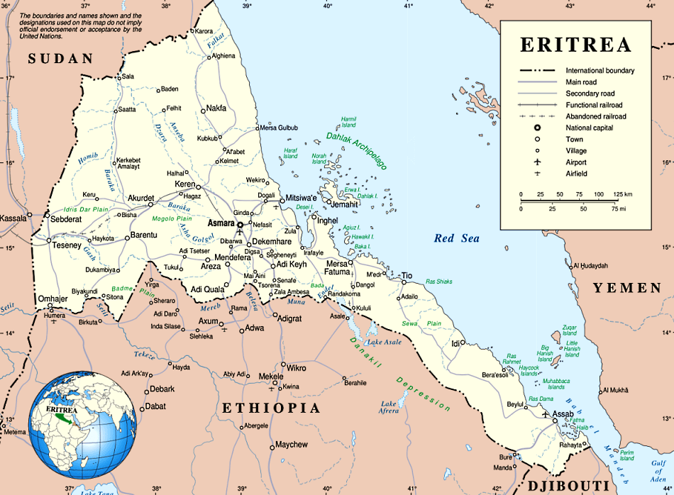 Eritrea Karte mit Stadten auf Englisch