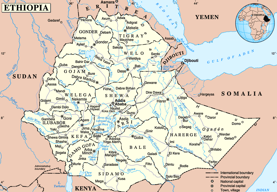 Etiópia mapa politico com distritos e cidades em inglês