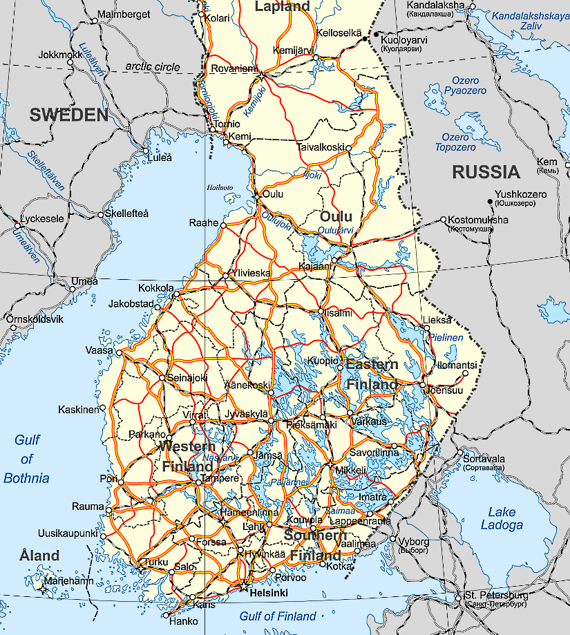 Finnland Karte mit Städten, Straßen, Flüssen und Seen auf Englisch
