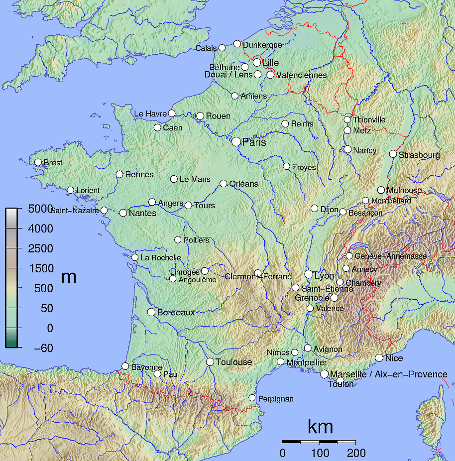 França mapa com cidades em inglês