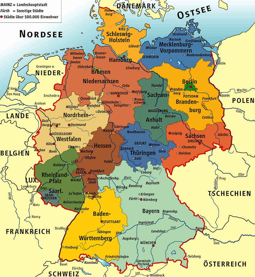 Deutschland Karte mit Städten, Regionen, Orten, Straßen und Flüssen auf Deutsch