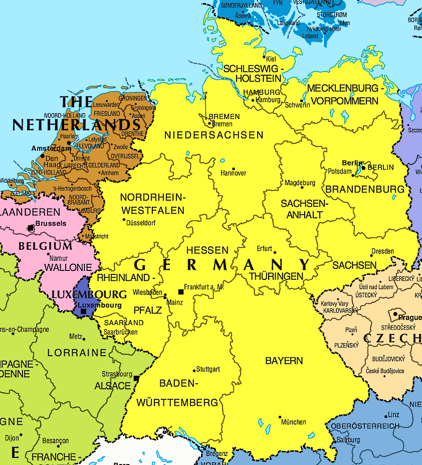 Alemanha mapa politico com distritos e cidades em inglês