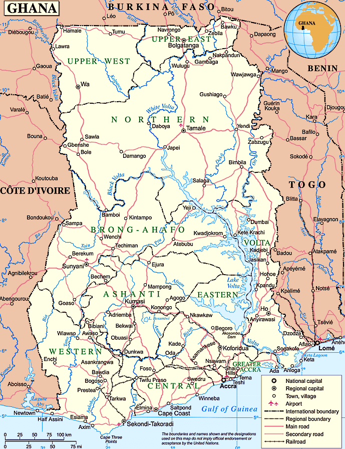 Ghana Karte mit Stadten auf Englisch