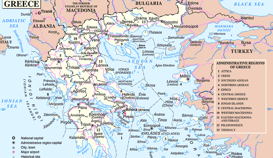 Griechenland Karte mit Städten, Regionen, Orten, Straßen, Flüssen und Seen auf Englisch