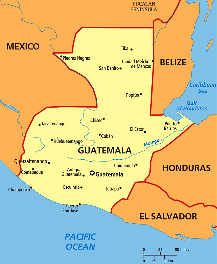 Guatemala Karte mit Stadten auf Englisch