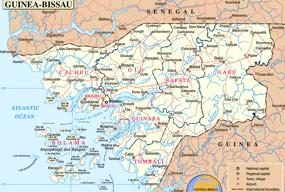 Guinea-Bissau Karte mit Stadten auf Englisch