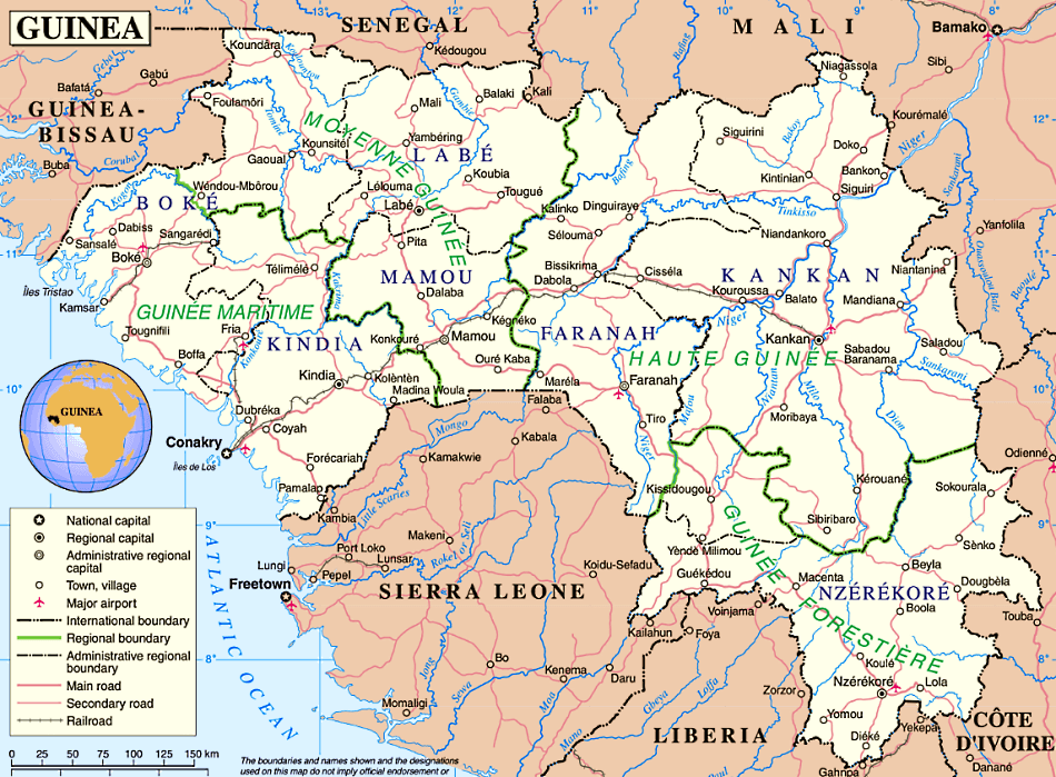 Guinea Karte mit Stadten auf Englisch