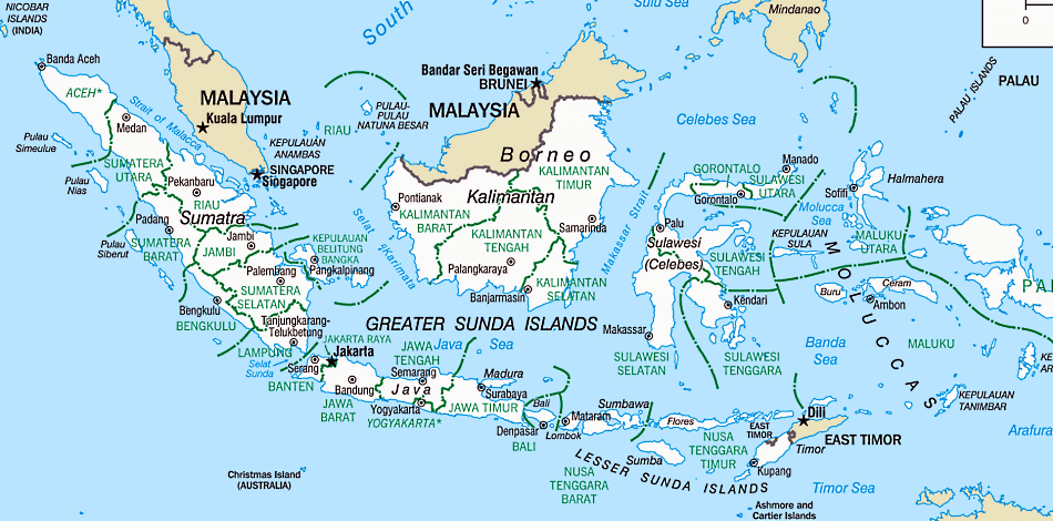 Indonesien Karte mit Städten und Regionen auf Englisch