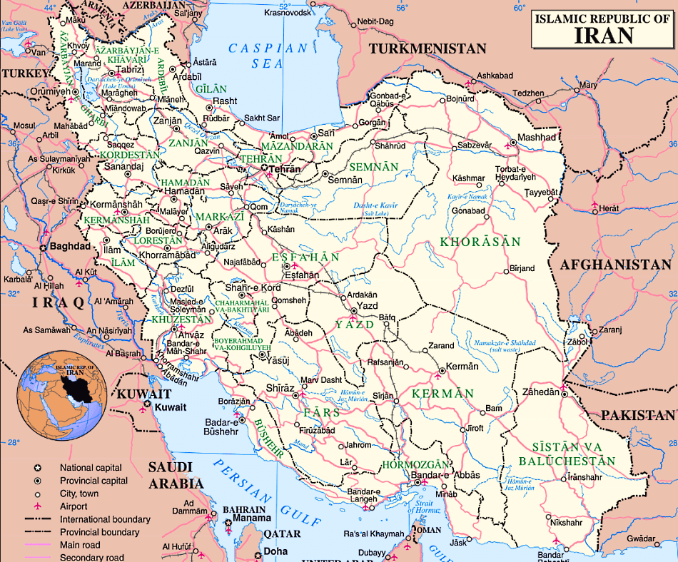 Irã mapa politico com distritos e cidades em inglês