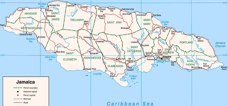 Jamaika Karte mit Städten, Regionen, Straßen und Flüssen auf Englisch