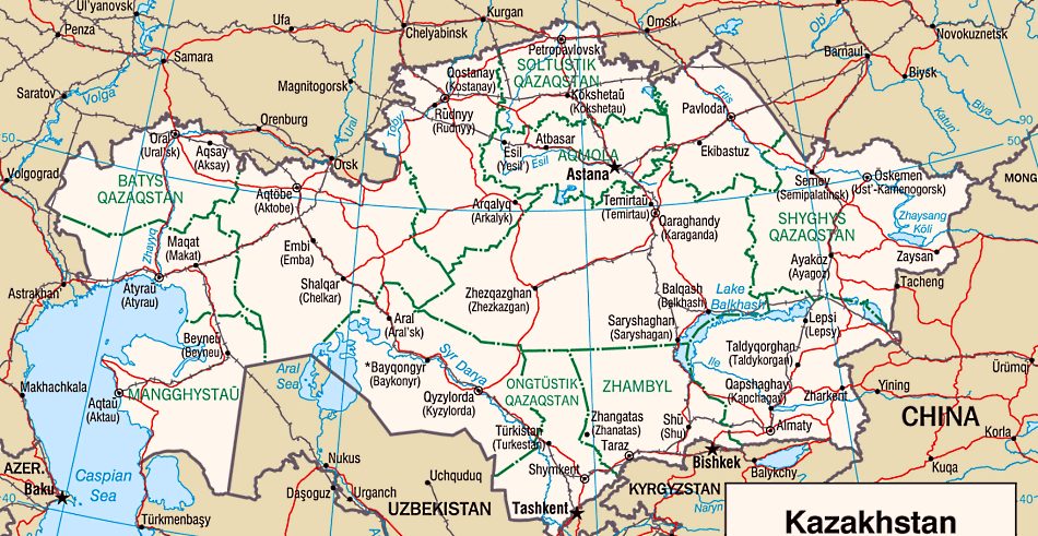 Kasachstan Karte mit Städten, Flüssen und Seen auf Englisch