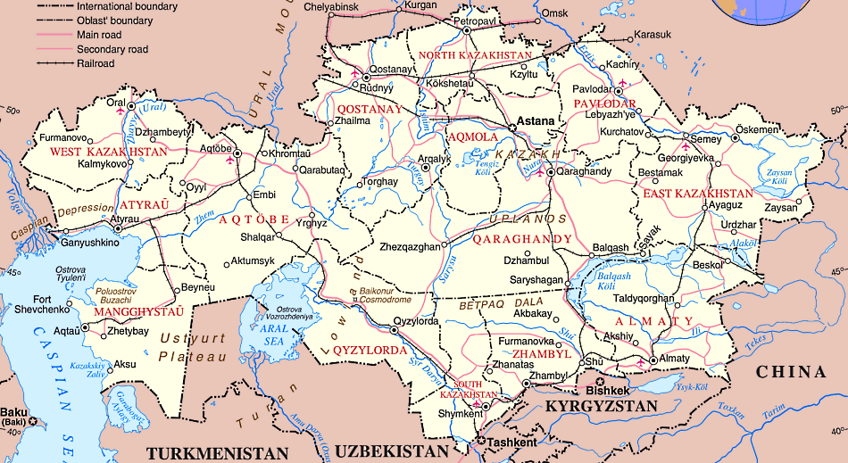 Kasachstan Karte mit Städten, Regionen, Orten, Straßen, Flüssen und Seen auf Englisch
