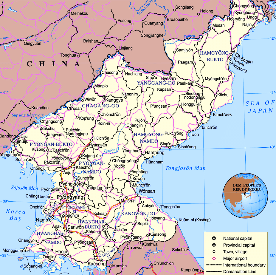 Nordkorea Karte mit Städten, Regionen, Orten, Straßen und Flüssen auf Englisch