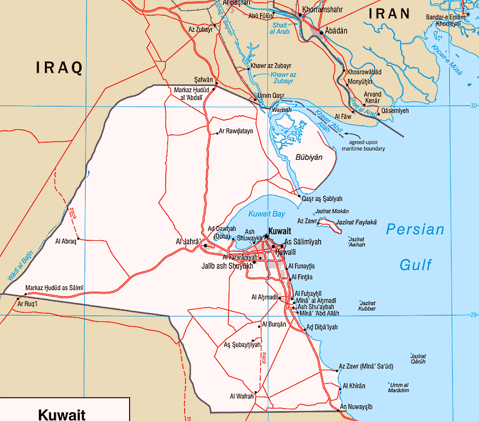 Kuwait Karte mit Städten und Straßen auf Englisch