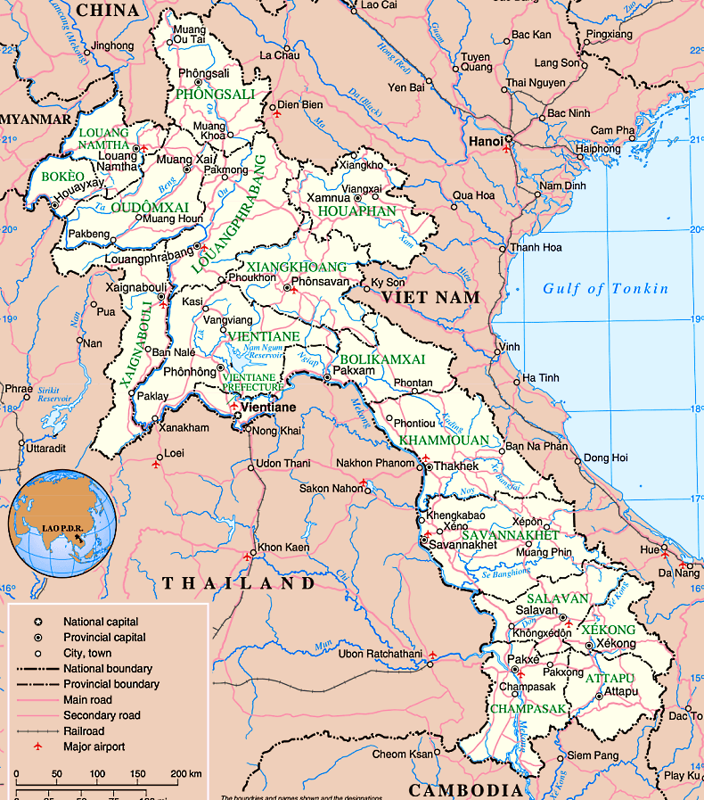 Laos Karte mit Städten, Regionen, Orten, Straßen, Flüssen und Seen auf Englisch