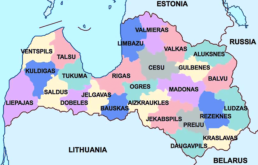 Lettland Karte mit Regionen auf Englisch