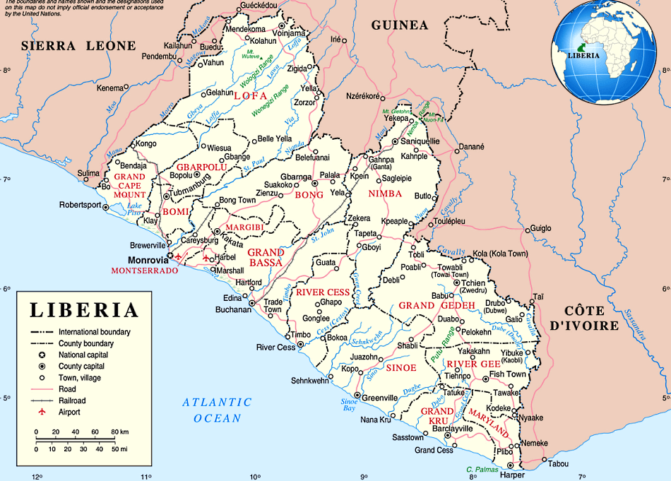 Liberia Karte mit Stadten auf Englisch