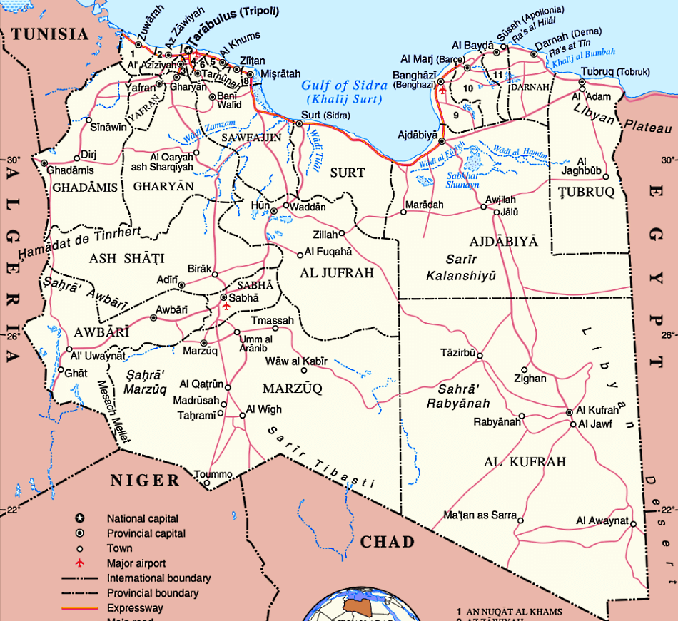 Líbia mapa politico com distritos e cidades em inglês