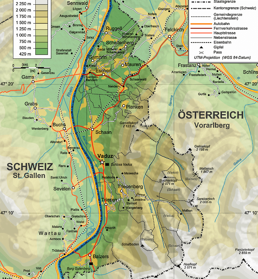 Liechtenstein Karte mit Städten, Orten, Straßen und Flüssen