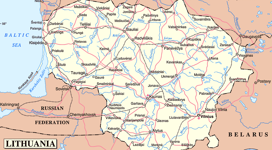Lituânia mapa com cidades em inglês
