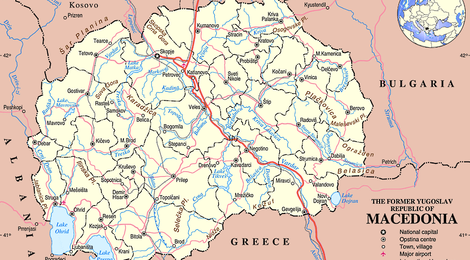 Macedônia do Norte mapa politico com distritos e cidades em inglês