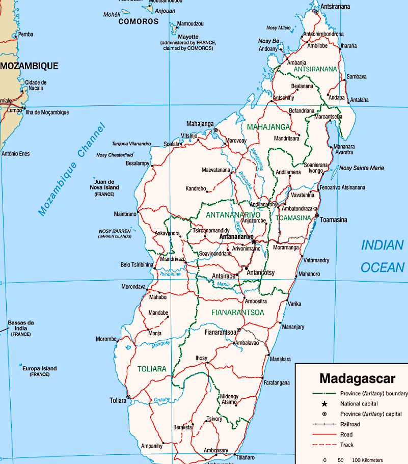 Madagaskar Karte mit Städten, Regionen, Orten, Straßen und Flüssen auf Englisch