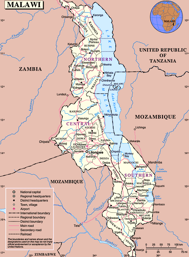 Malawi mapa politico com distritos e cidades em inglês