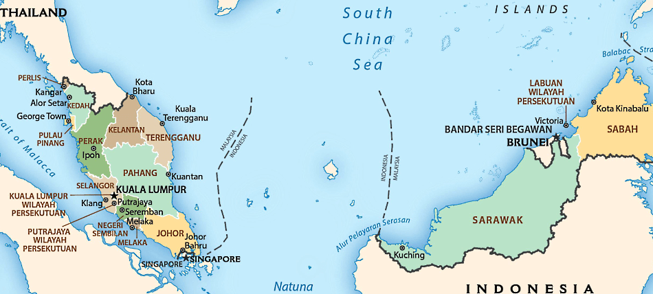 Malaysia Karte mit Regionen auf Englisch