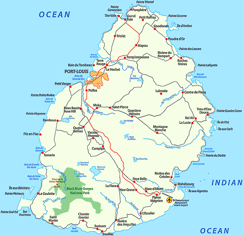 Mauritius Karte mit Stadten auf Englisch