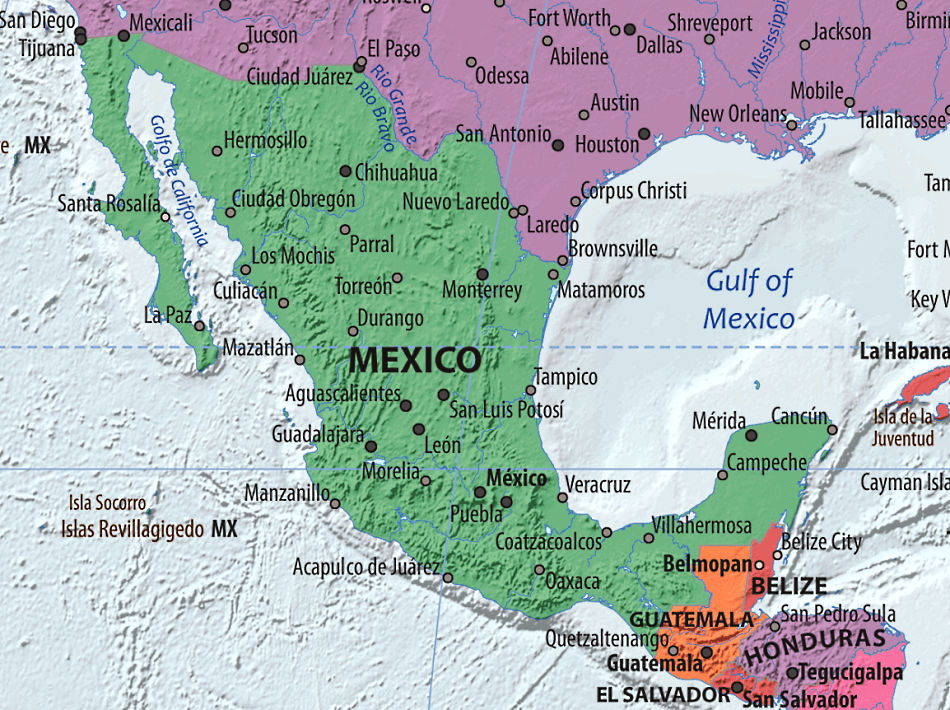 Mexiko Karte mit Städten auf Englisch