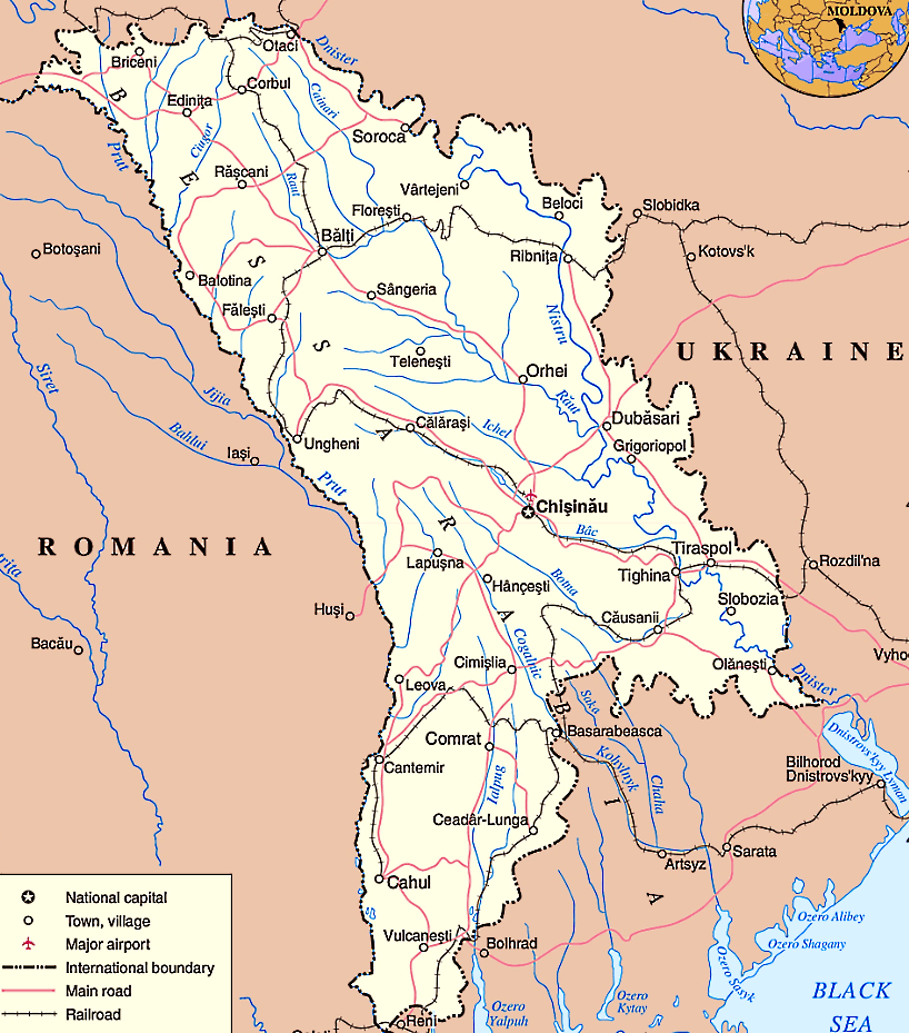 Moldawien Karte mit Städten, Orten, Straßen und Flüssen auf Englisch