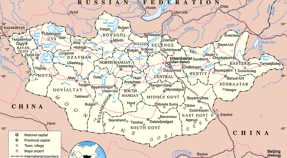 Mongolei Karte mit Städten, Regionen, Orten, Straßen, Flüssen und Seen auf Englisch