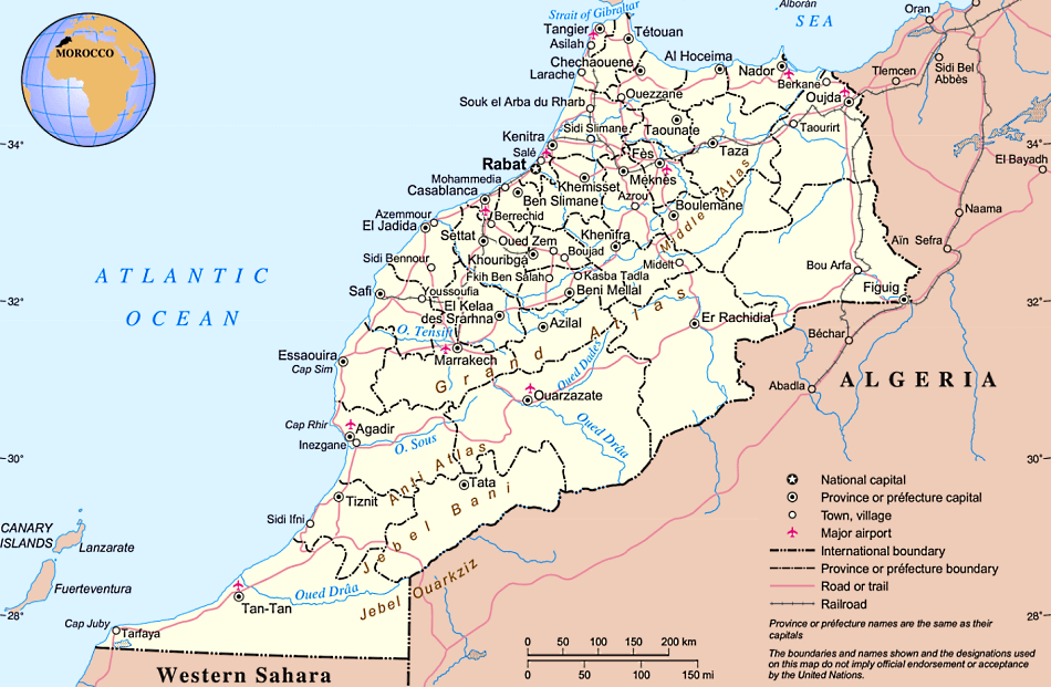 Marokko Karte mit Stadten auf Englisch