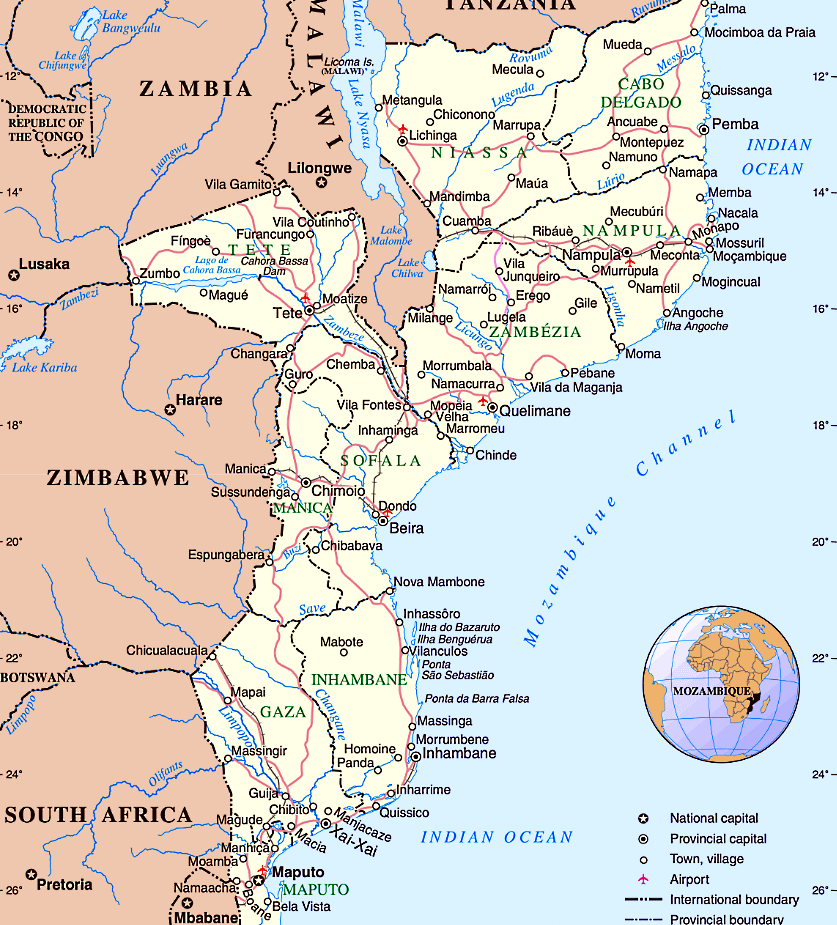 Moçambique mapa politico com distritos e cidades em inglês