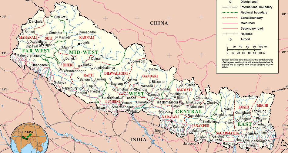 Nepal Karte mit Städten, Regionen, Orten, Straßen und Flüssen auf Englisch