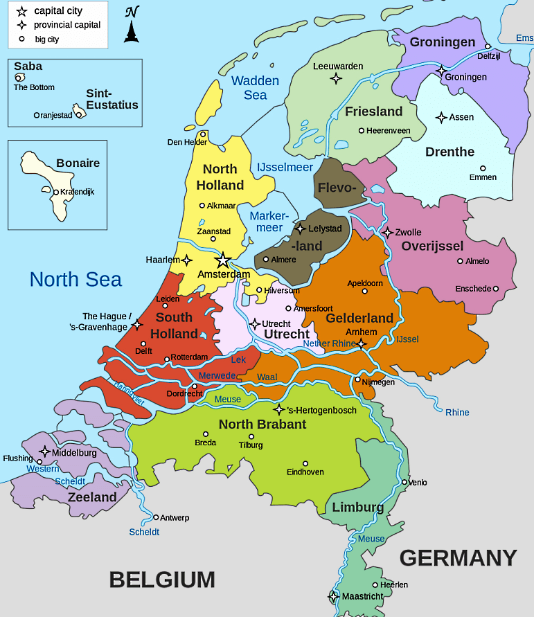 Niederlande Karte mit Regionen und Städten auf Englisch