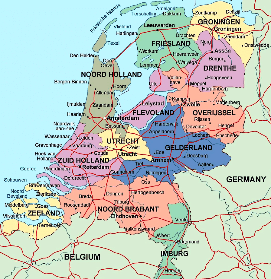 Niederlande Karte mit Städten und Regionen auf Englisch
