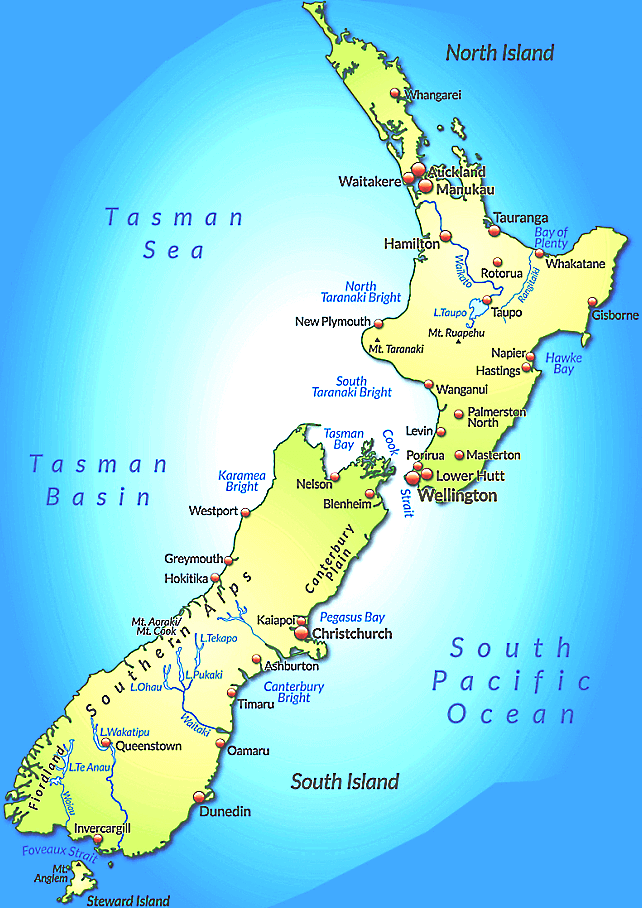 Neuseeland Karte mit Städten Orten, Flüssen und Seen auf Englisch