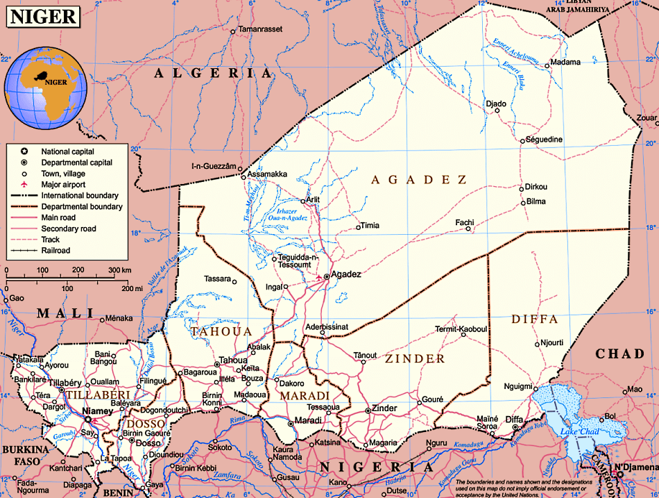 Niger Karte mit Stadten auf Englisch