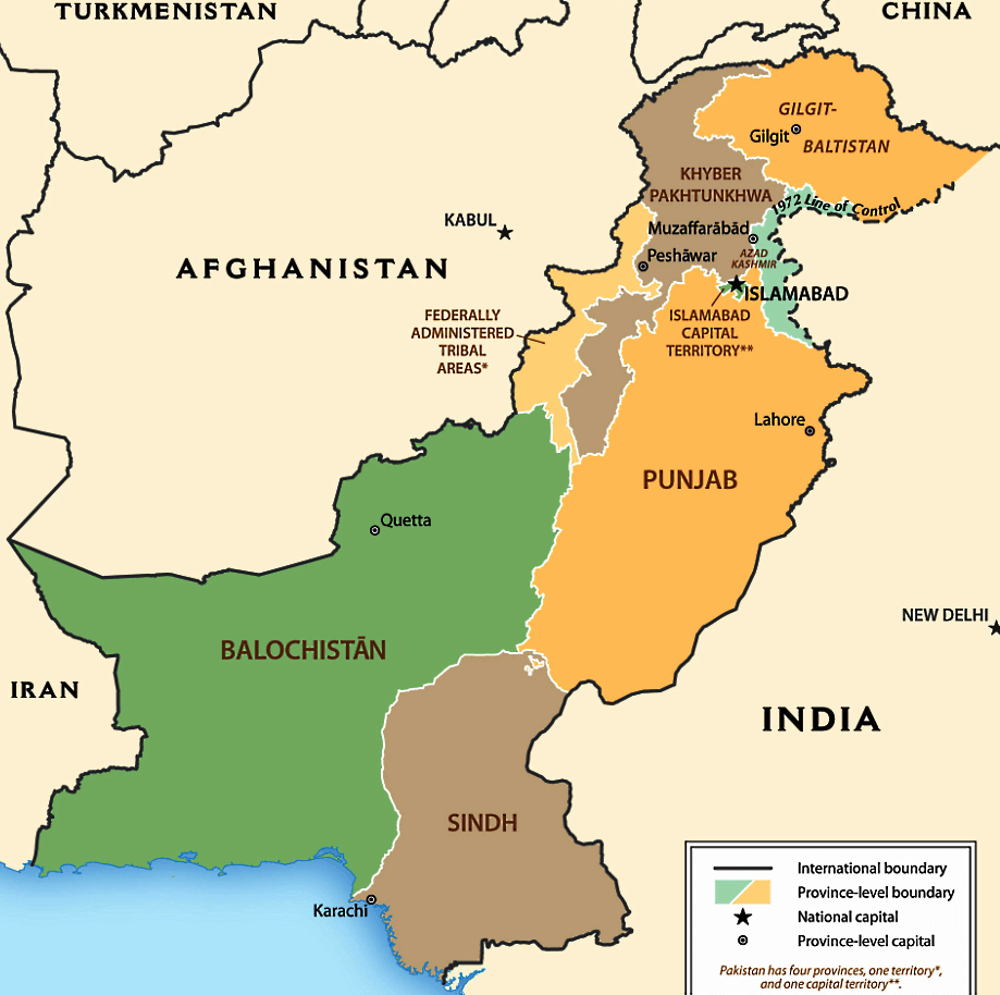 Pakistan Karte mit Städten und Regionen auf Englisch