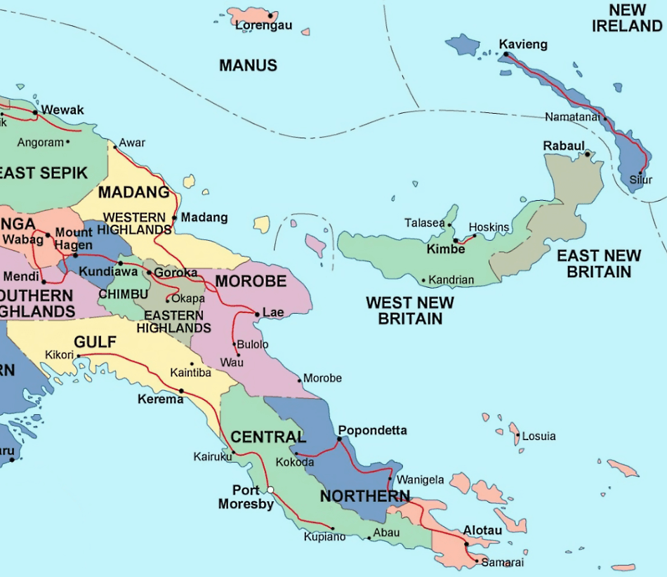 Papua Nova Guiné mapa politico com províncias em inglês