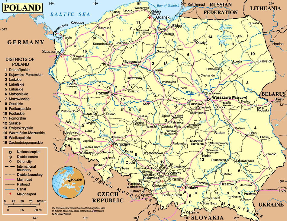 Polônia mapa com distritos e cidades em inglês