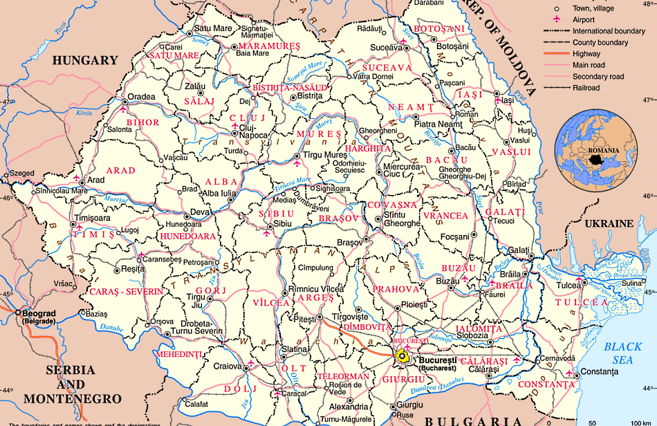 Rumänien Karte mit Städten, Regionen, Orten, Straßen und Flüssen auf Englisch