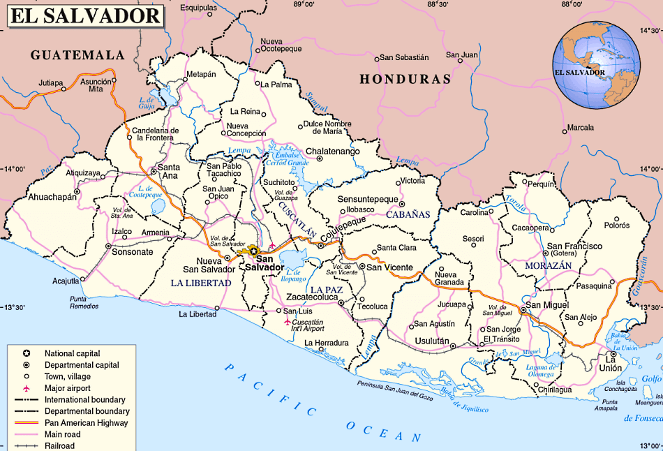 El Salvador Karte mit Stadten auf Englisch