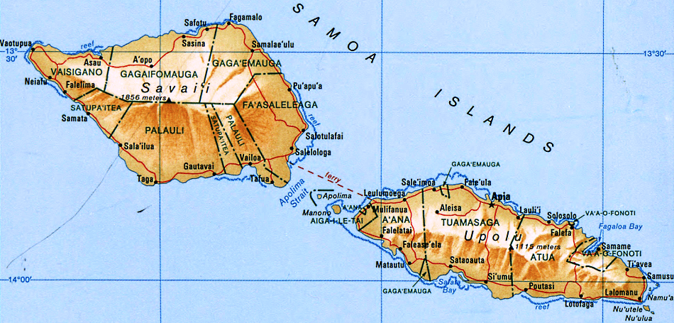 Samoa Karte mit Stadten auf Englisch