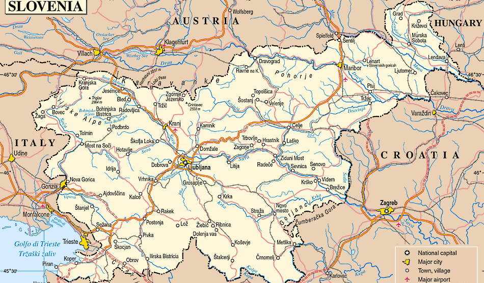 Slowenien Karte mit Städten, Orten, Straßen und Flüssen auf Englisch