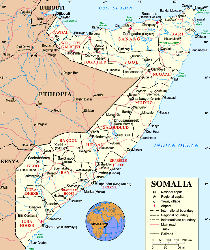 Somália mapa politico com distritos e cidades em inglês