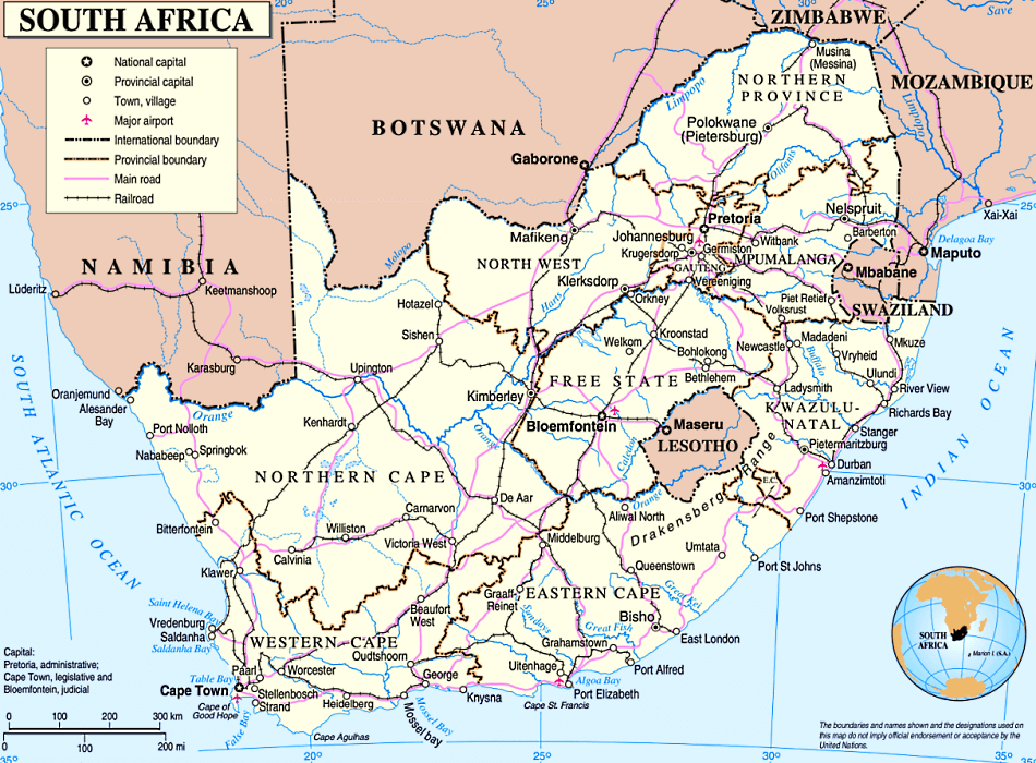 Südafrika Karte mit Stadten auf Englisch