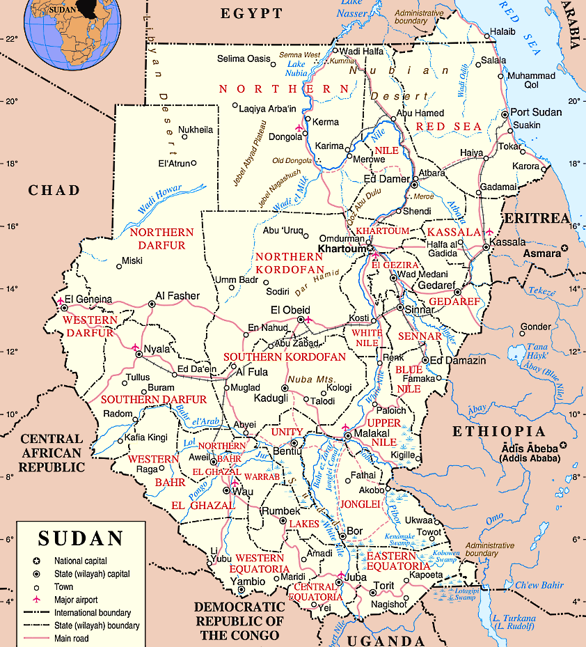 Sudan Karte mit Städten, Regionen, Orten, Straßen und Flüssen auf Englisch