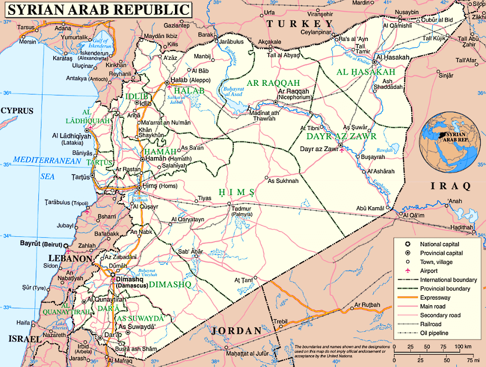 Syrien Karte mit Städten, Regionen, Orten, Straßen, Flüssen und Seen auf Englisch
